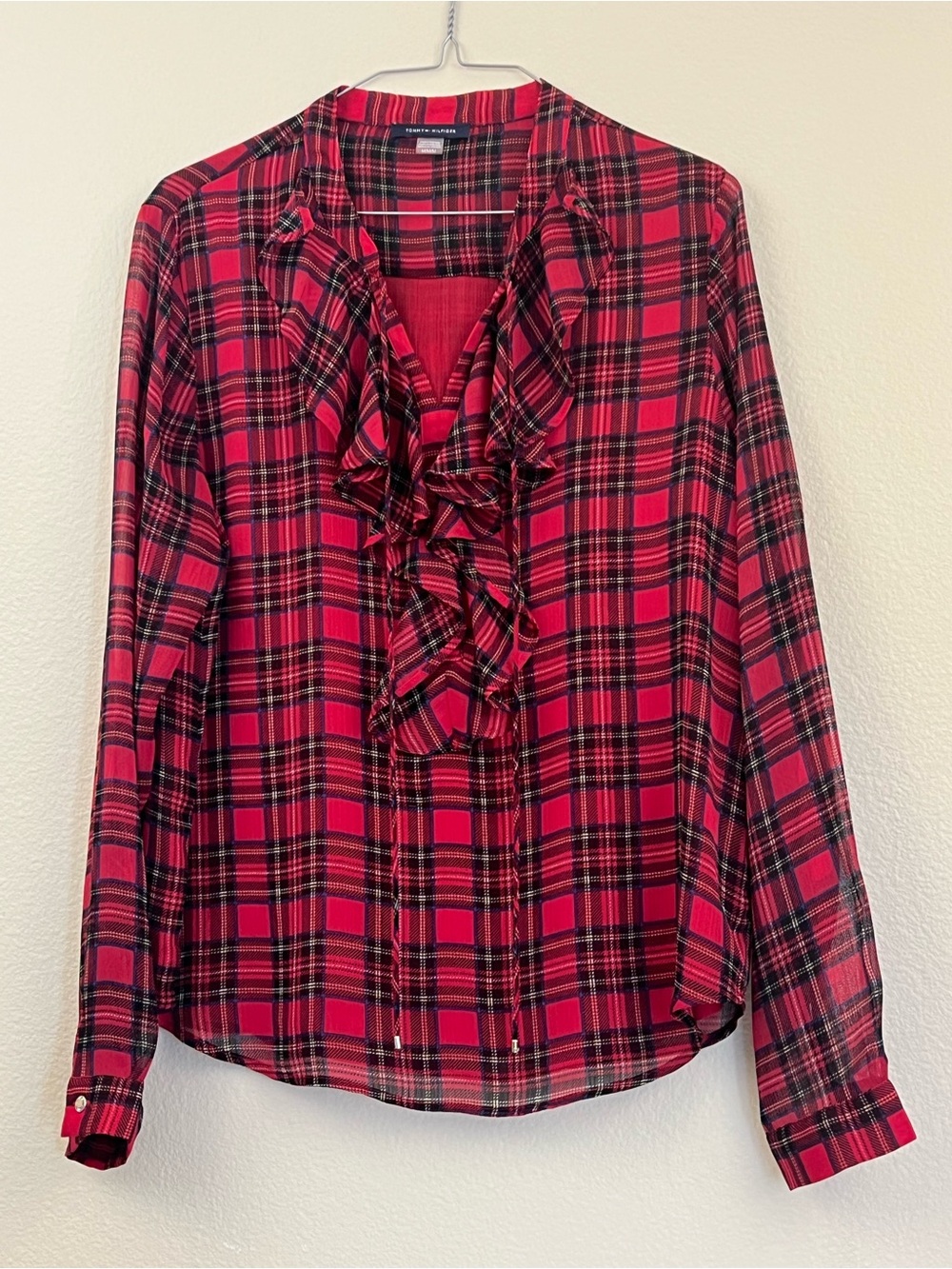 Tommy Hilfiger Red Tartan Plaid Ruffled Popover Blouse Long Sleeve Women Medium